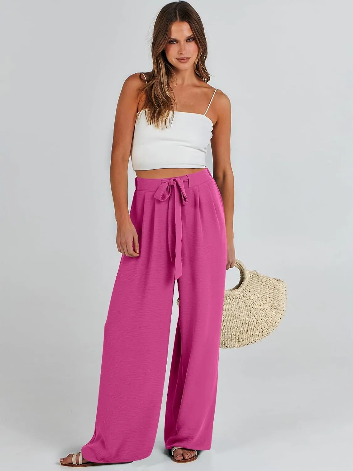 Caracilia Women Wide Leg Palazzo Pants Summer High Waist Flowy Casual Trousers Loose Lounge Beach Travel Vacation Clothes