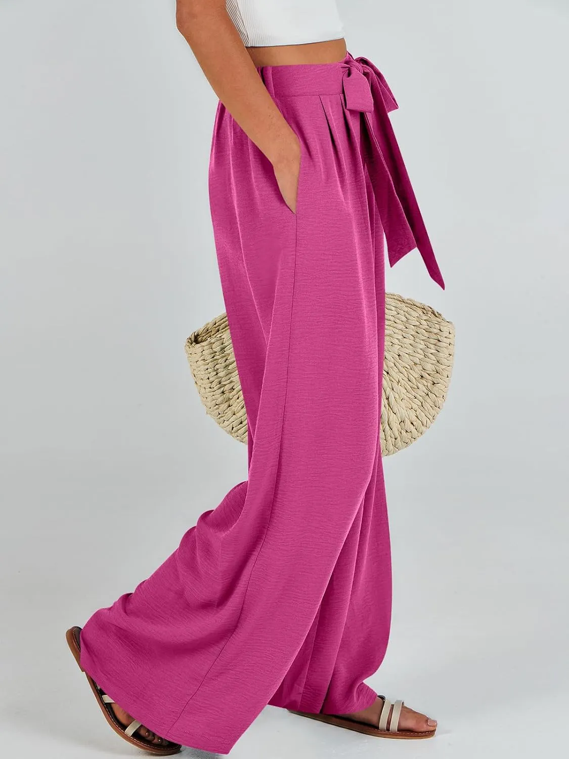 Caracilia Women Wide Leg Palazzo Pants Summer High Waist Flowy Casual Trousers Loose Lounge Beach Travel Vacation Clothes