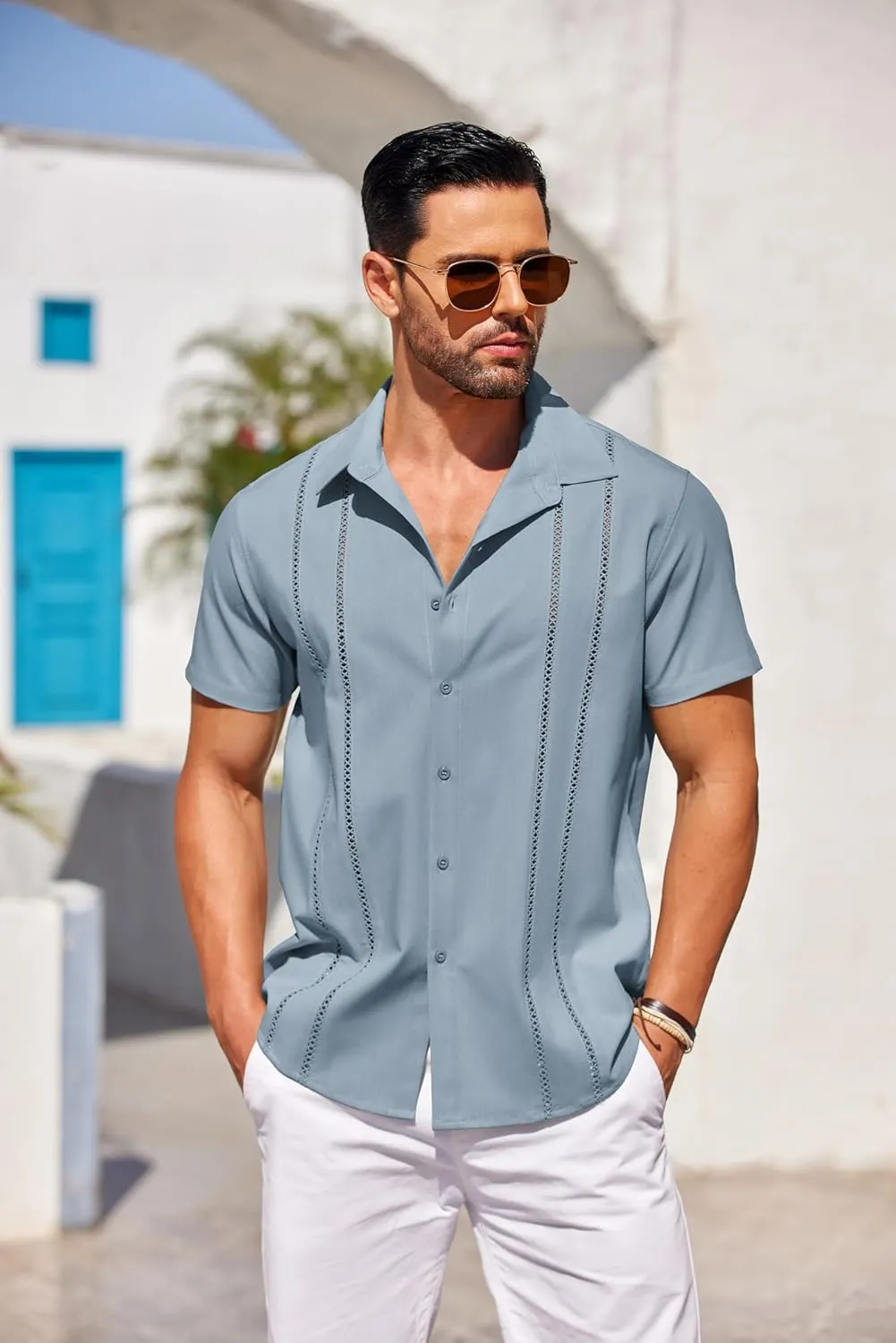 COOFANDY Men's Cuban Guayabera Shirt Short Sleeve Button Down Shirts Casual Summer Beach Linen Shirts