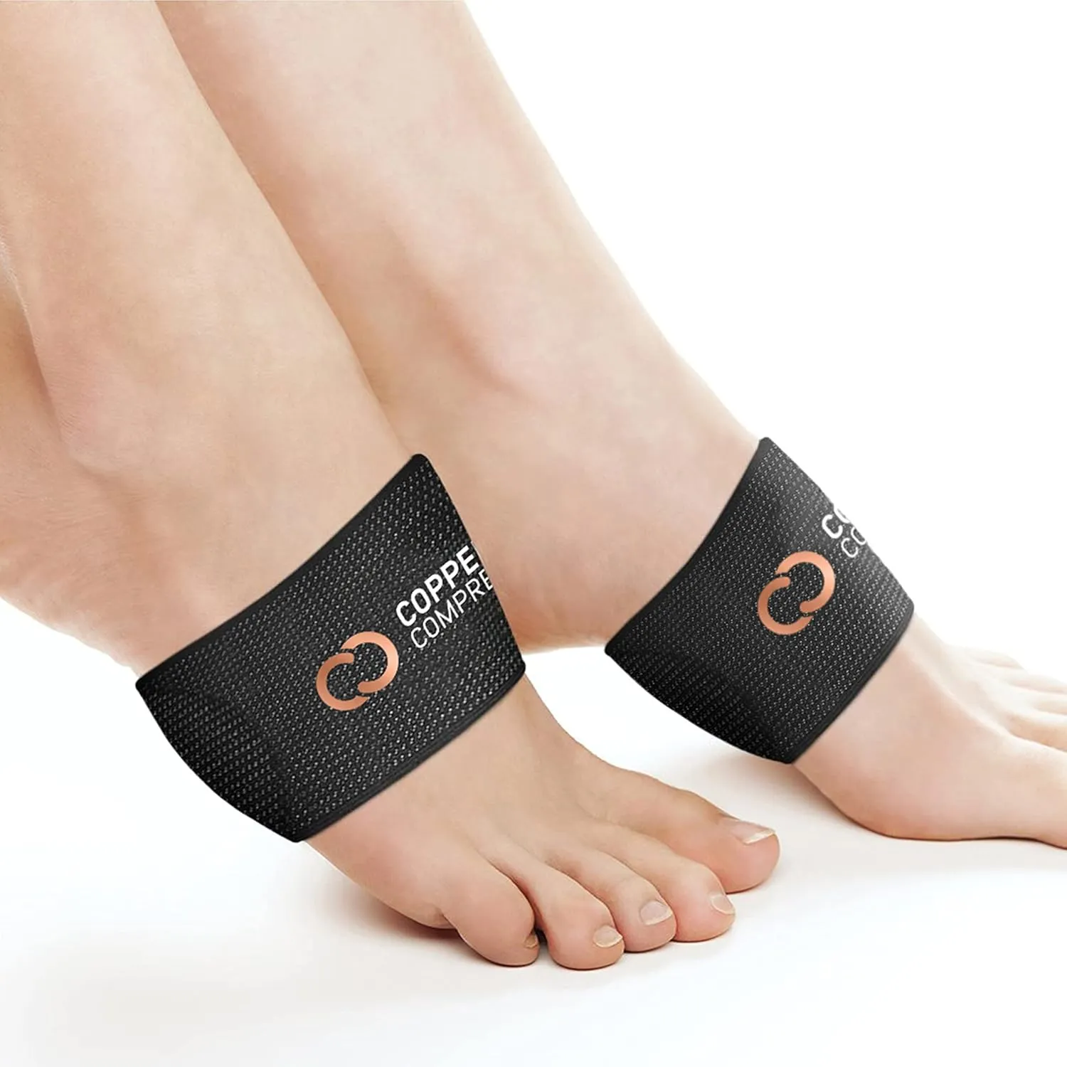 Copper Compression Copper Padded Arch Support - 2 Pain Relief Foot Care Brace Sleeves for Plantar Fasciitis, Heel Spurs - Wide Narrow Feet - Flat Feet & Fallen Arches, High Arch - 1 Pair - Black