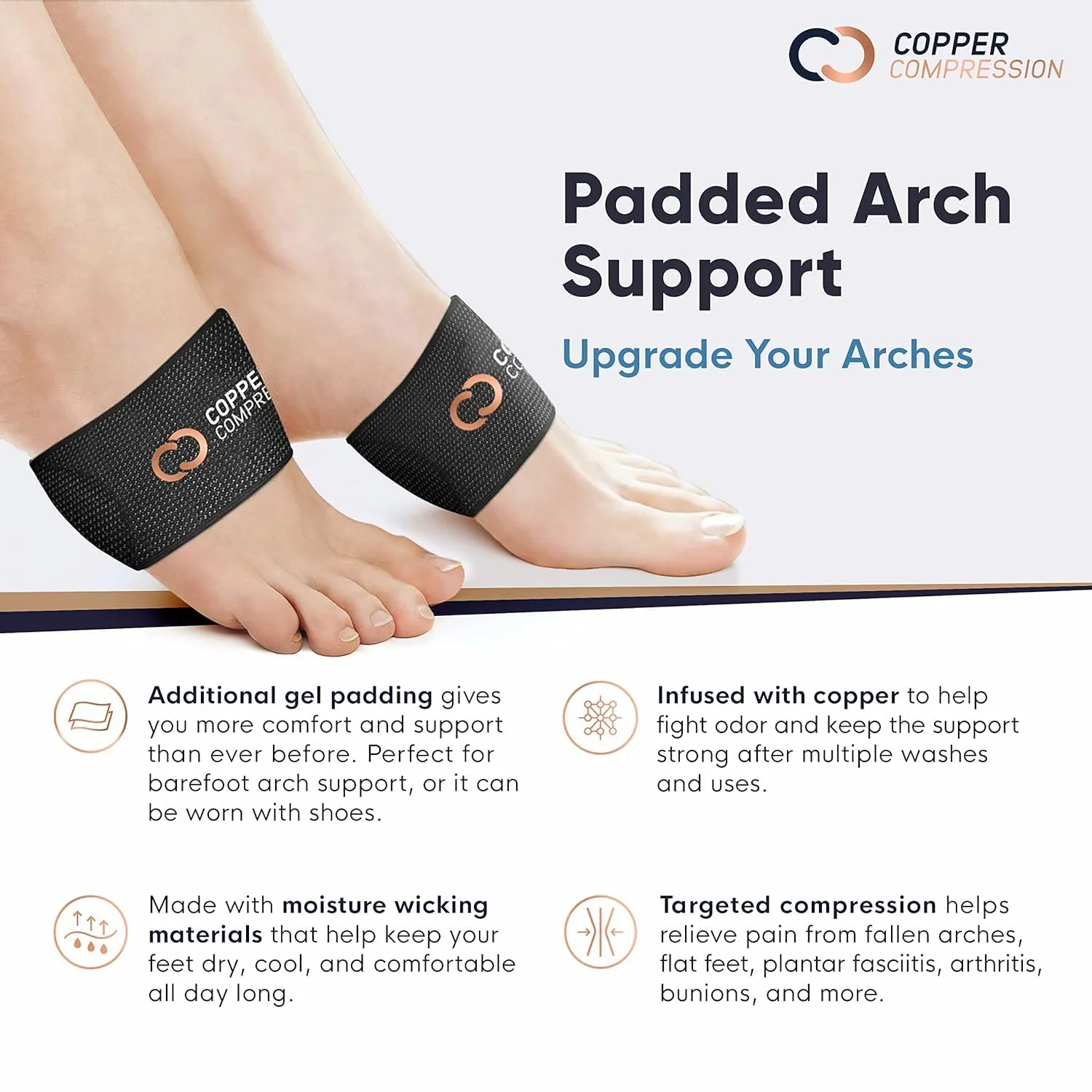 Copper Compression Copper Padded Arch Support - 2 Pain Relief Foot Care Brace Sleeves for Plantar Fasciitis, Heel Spurs - Wide Narrow Feet - Flat Feet & Fallen Arches, High Arch - 1 Pair - Black