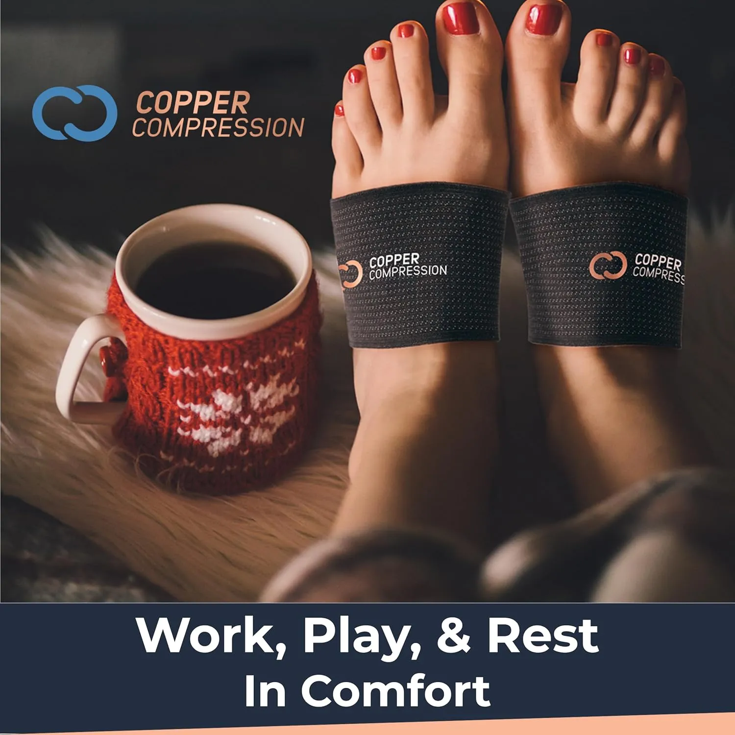 Copper Compression Copper Padded Arch Support - 2 Pain Relief Foot Care Brace Sleeves for Plantar Fasciitis, Heel Spurs - Wide Narrow Feet - Flat Feet & Fallen Arches, High Arch - 1 Pair - Black