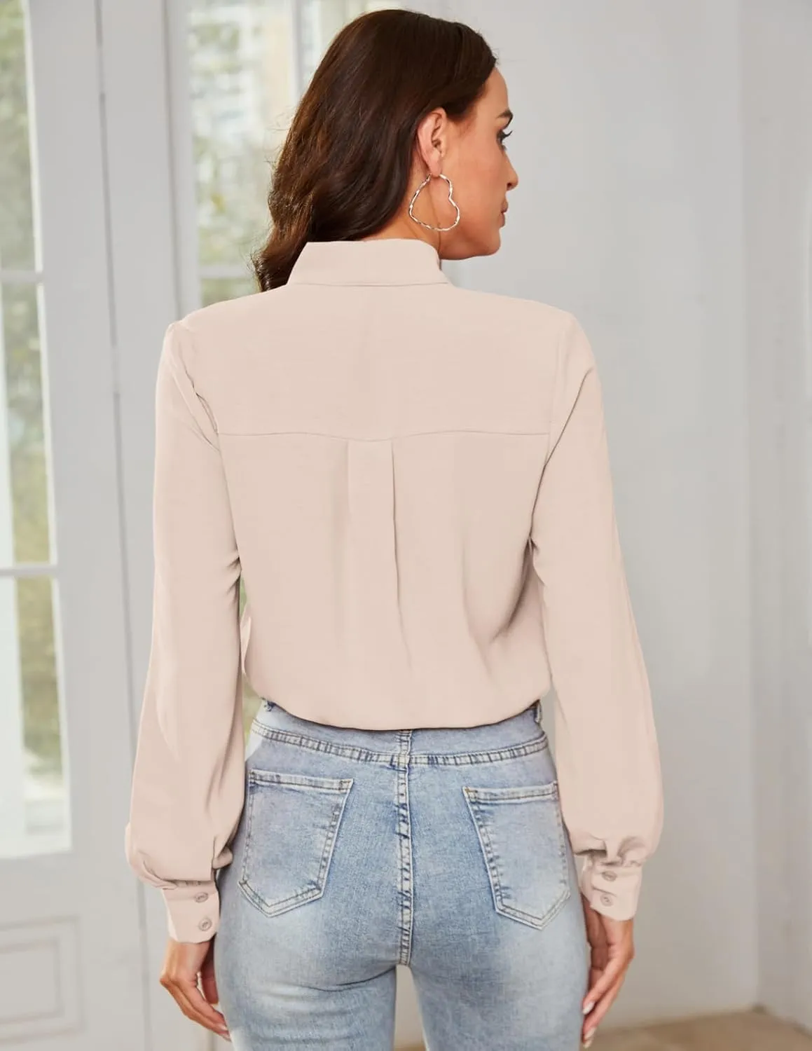 Kate Kasin Women Bow Tie Neck Office Blouse Button Down Long Sleeve Bodysuits Blouse Top