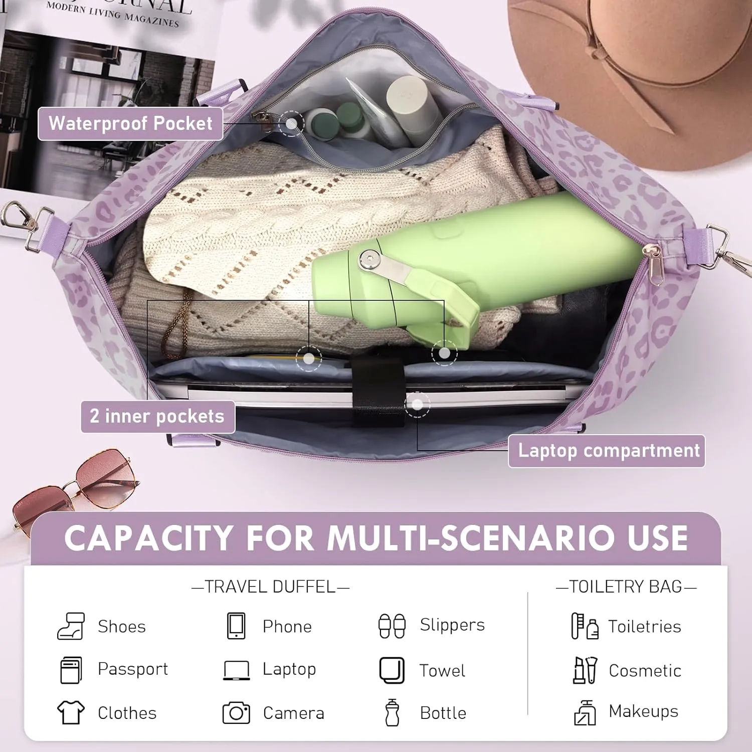 WOOMADA Weekender Overnight Bag for Women, Carry on Shoulder Travel Duffel with Shoes Compartment,Gym Bag with Toiletry Bag